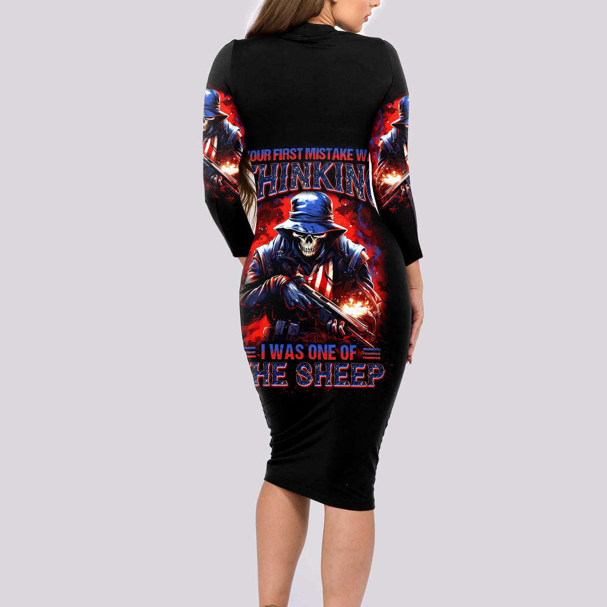 Black long-sleeve bodycon midi dress with back skull soldier graphic and text print