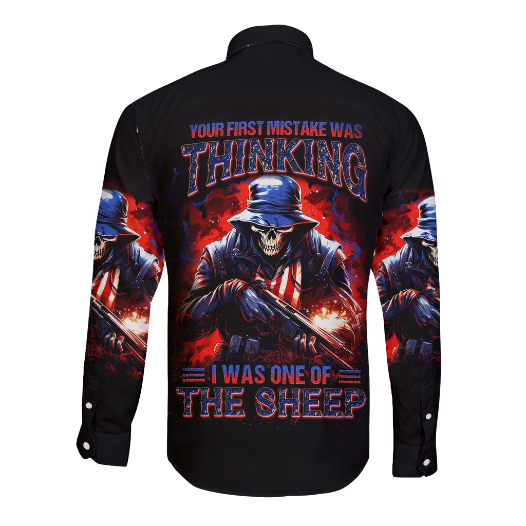 Soldier Skull Long Sleeve Button Shirt Your First Mistake Was Thinking I Was One Of The Sheep - Wonder Print Shop