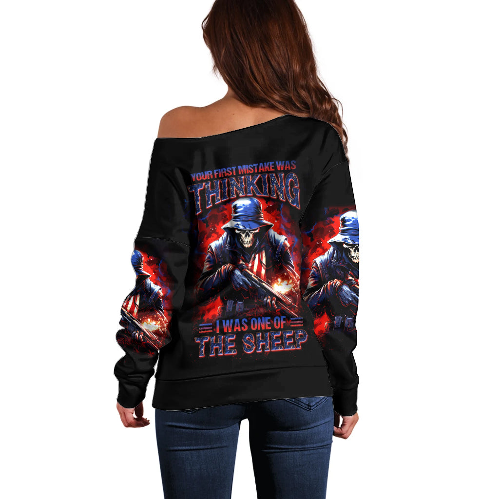 Soldier Skull Off Shoulder Sweater Your First Mistake Was Thinking I Was One Of The Sheep - Wonder Print Shop