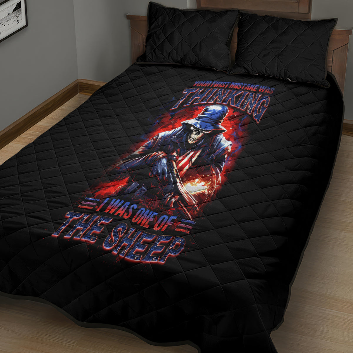 Black quilt bed set with skull soldier graphic and quilted diamond stitching