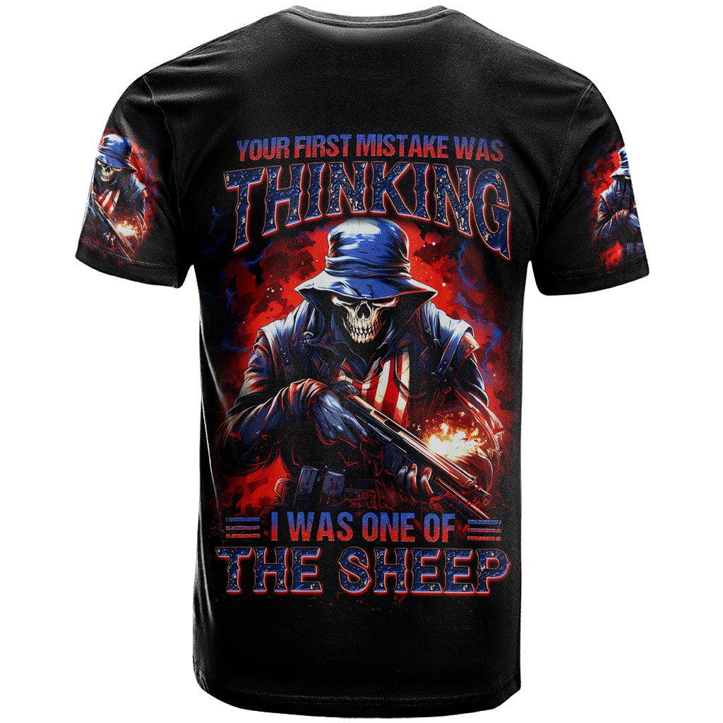 Black T-shirt with soldier skull graphic on back, red and blue print