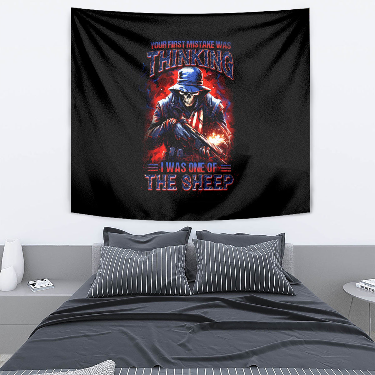 Black tapestry wall hanging with skull soldier graphic and red blue text