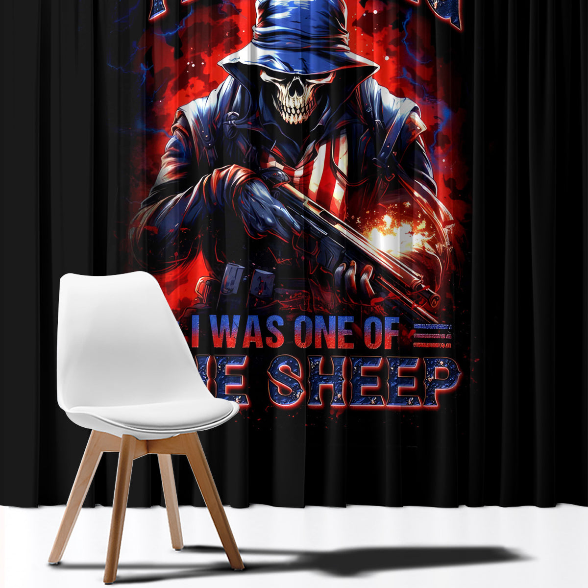 Black skull soldier window curtain with bold red-blue graphic panel at center