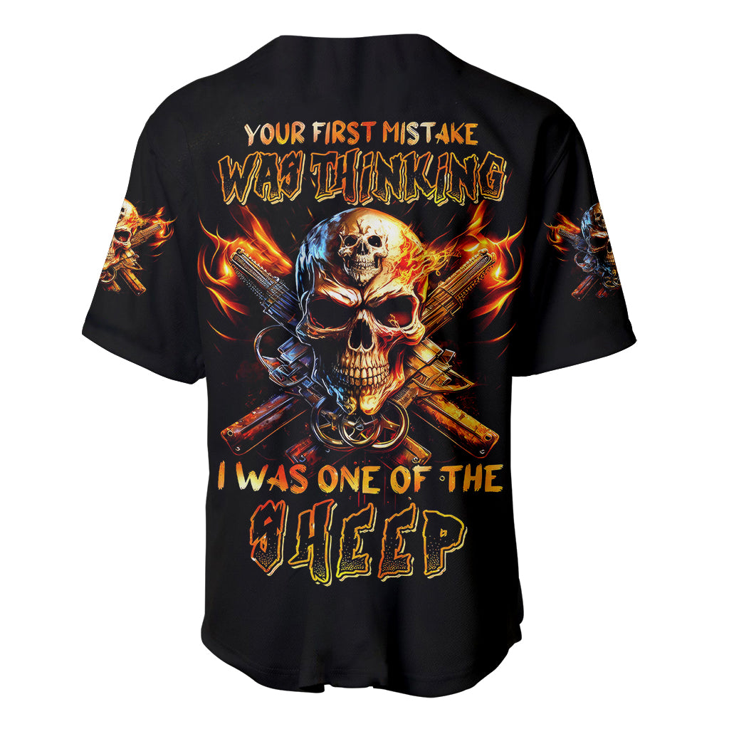 Fire Gun Skull Baseball Jersey Your First Mistake Was Thinking I Was One Of The Sheep - Wonder Print Shop