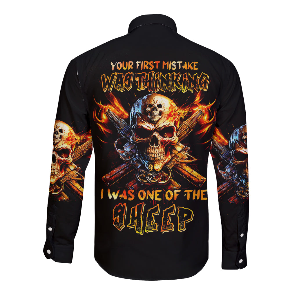 Fire Gun Skull Long Sleeve Button Shirt Your First Mistake Was Thinking I Was One Of The Sheep - Wonder Print Shop