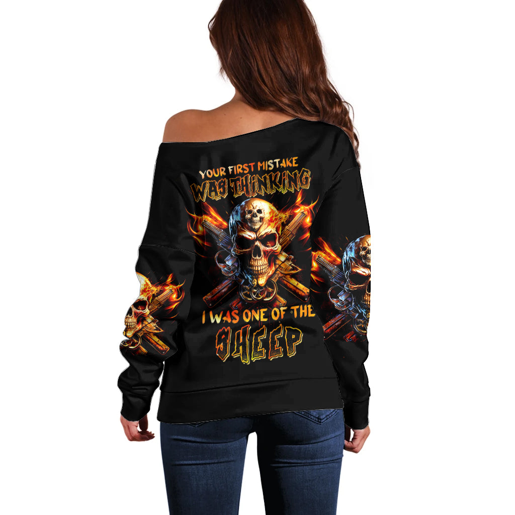 Fire Gun Skull Off Shoulder Sweater Your First Mistake Was Thinking I Was One Of The Sheep - Wonder Print Shop