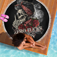 Girl skull beach blanket, black round design with skull, roses and bandana graphic, fringe edge