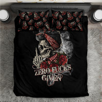 Black skull bedding set with two matching floral pillows and smoke/red rose graphic