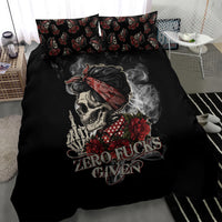 Black skull girl duvet set with two floral pillows and central skull smoke graphic
