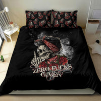 Black skull bedding set with two floral-print pillows and skull with red rose design