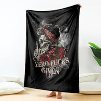 Black skull graphic blanket with face, rose, and 'ZERO FUCKS GIVEN' text