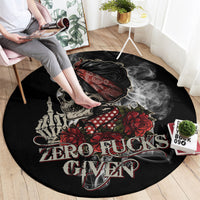 Round black skull girl rug with red rose, smoke and text 'ZERO FUCKS GIVEN'.
