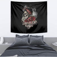 Black skull tapestry with red rose, smoke, and 'Zero Fucks Given' text.