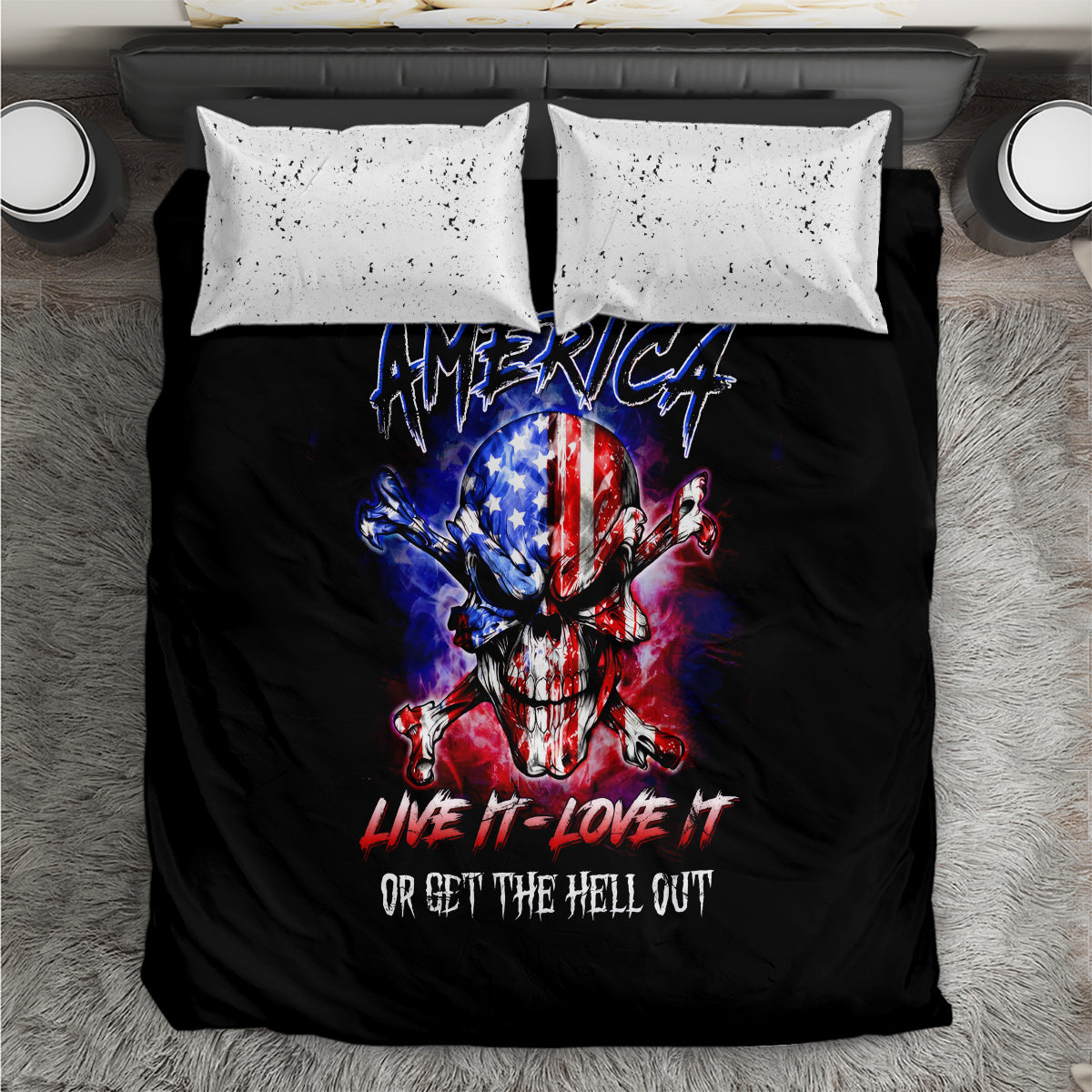 Black duvet with American skull and text, plus white splatter pillowcases