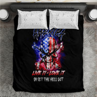 Black duvet with American skull and text, plus white splatter pillowcases