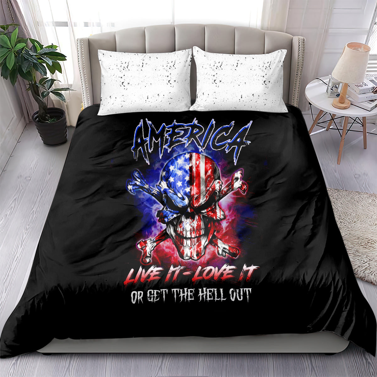 Black bedding set: American skull graphic duvet with text, white splatter pillowcases
