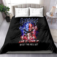 Black bedding set: American skull graphic duvet with text, white splatter pillowcases