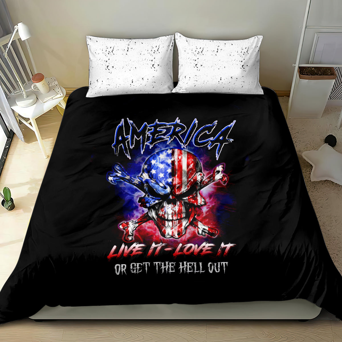 Black bedding set featuring American skull graphic duvet and white splatter pillowcases