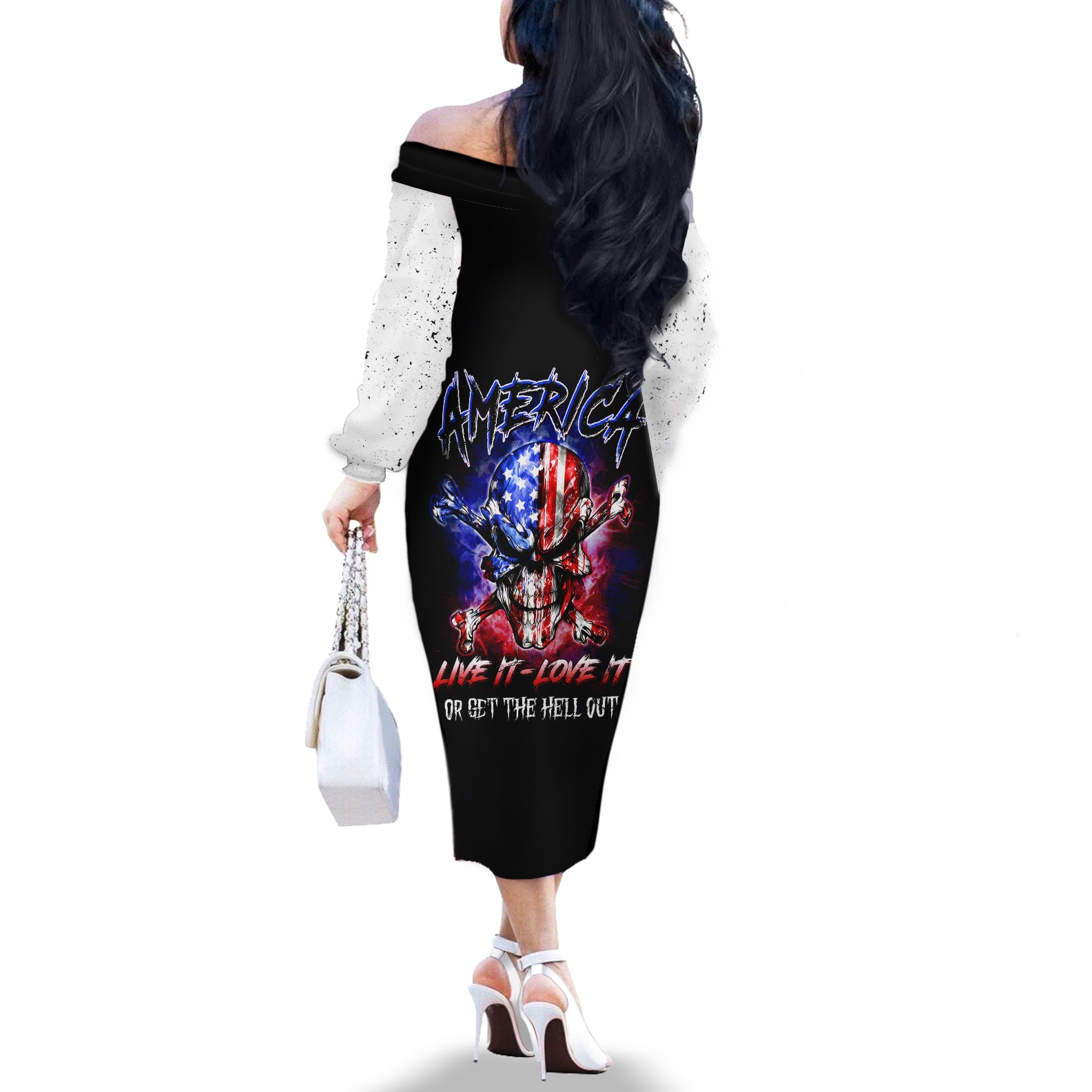 American Skull Off The Shoulder Long Sleeve Dress American Live It Love It Or Get The Hell Out - Wonder Print Shop