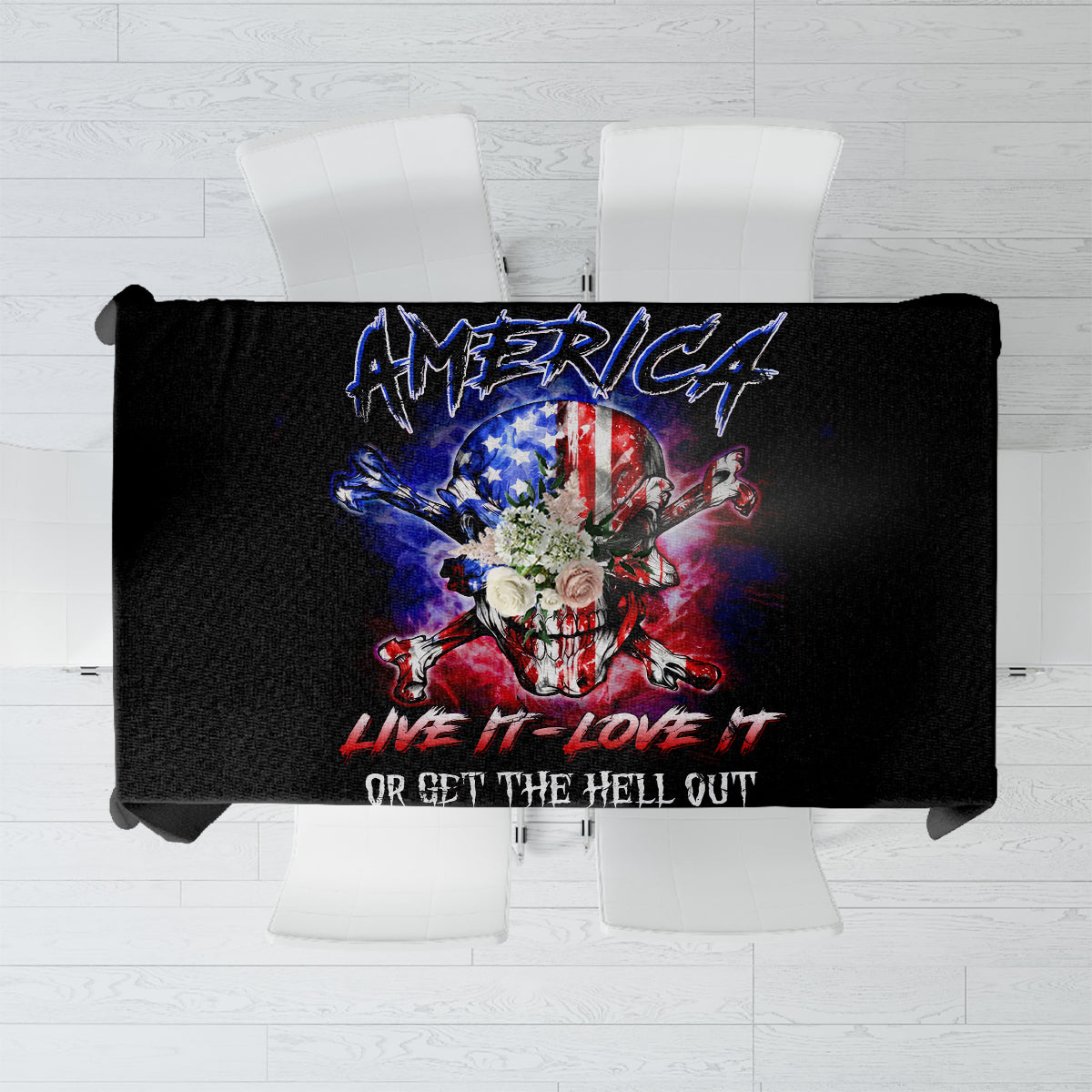 Black tablecloth featuring American skull graphic with blue-red text design