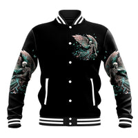 Black baseball jacket with snap front, striped collar, winged skull chest and sleeve prints.