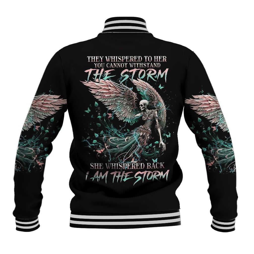 Black baseball jacket, ribbed striped collar, winged skull back graphic.