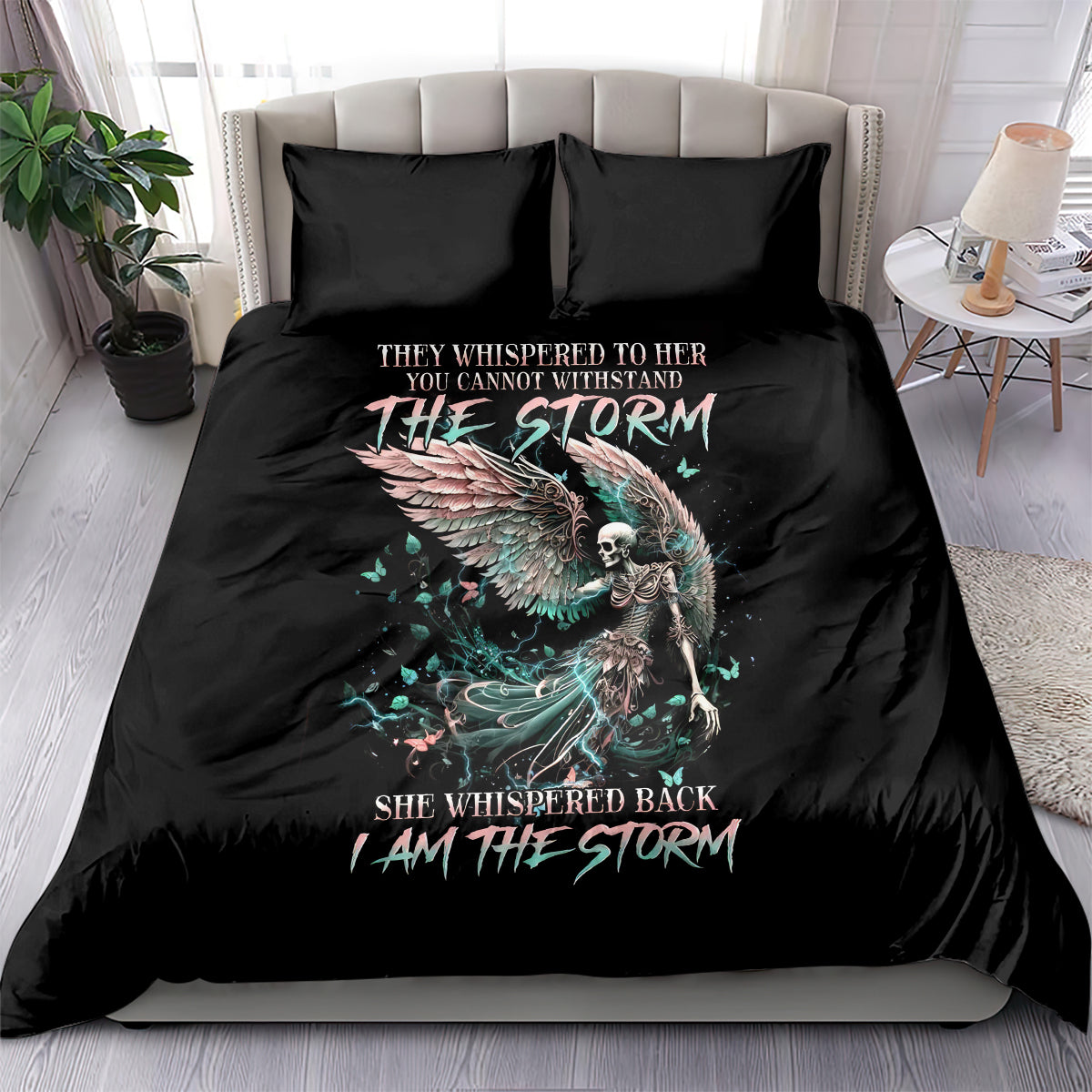 Black bedding set with angel skull graphic on duvet and matching pillowcases