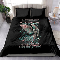 Black bedding set with angel skull graphic on duvet and matching pillowcases