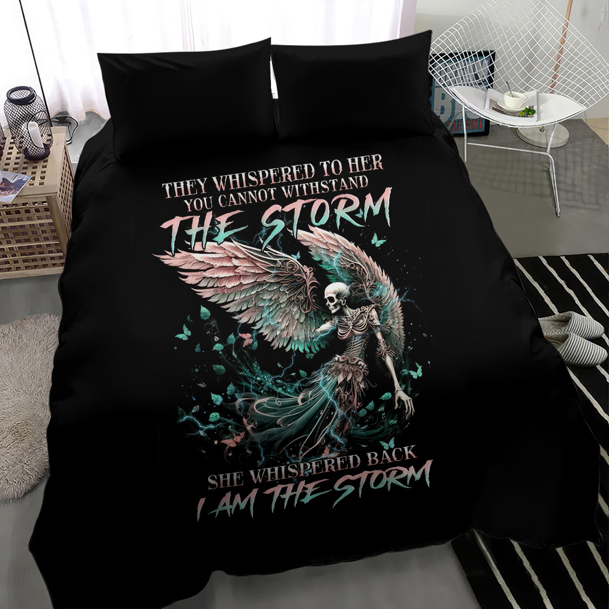 Black bedding set featuring angel skull artwork on duvet with two coordinated pillows