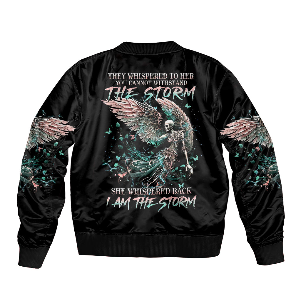 Black bomber jacket with ribbed collar and large back angel skull graphic