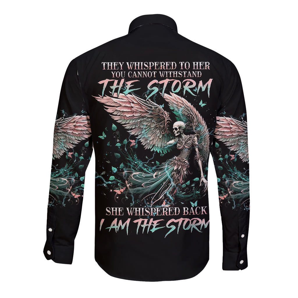 Angel Skull Long Sleeve Button Shirt She Whispered Back Iam The Storm - Wonder Print Shop