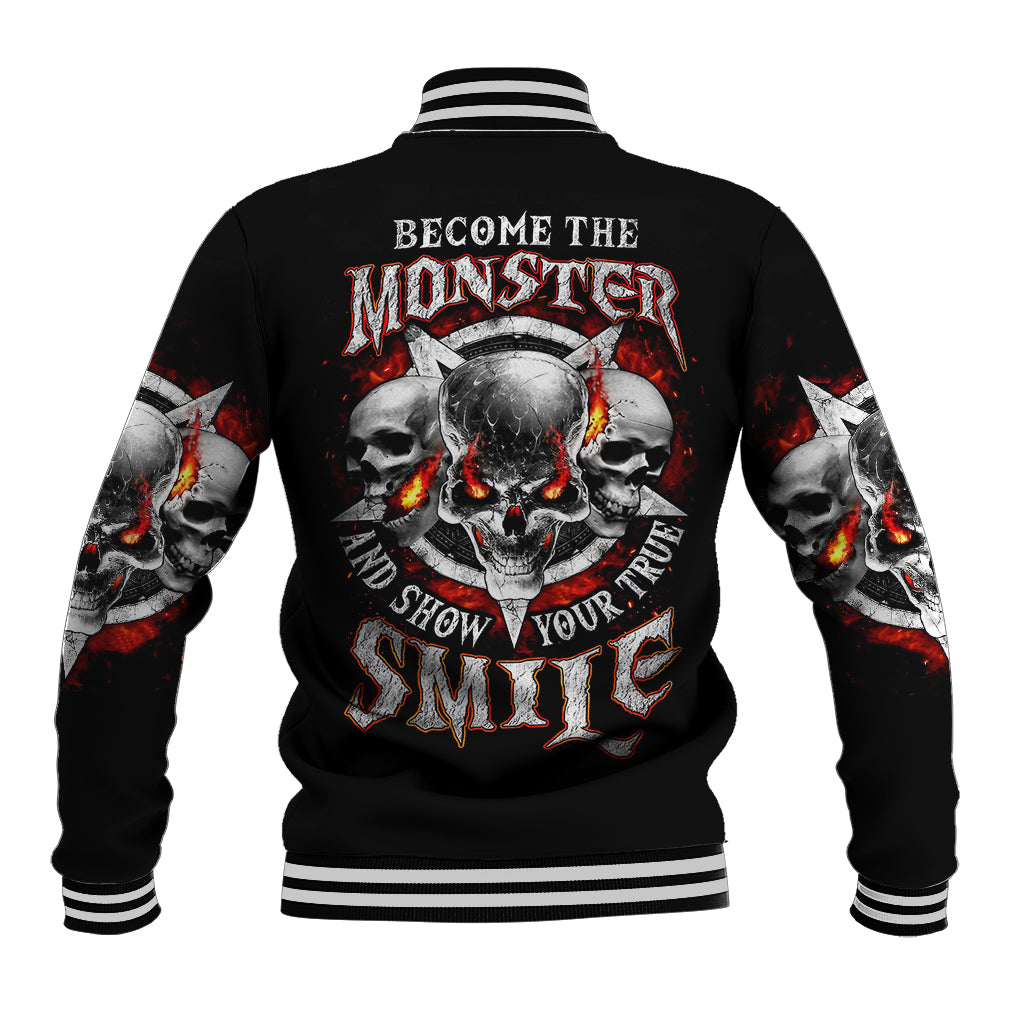 Black skull baseball jacket with ribbed striped collar and back monster graphic