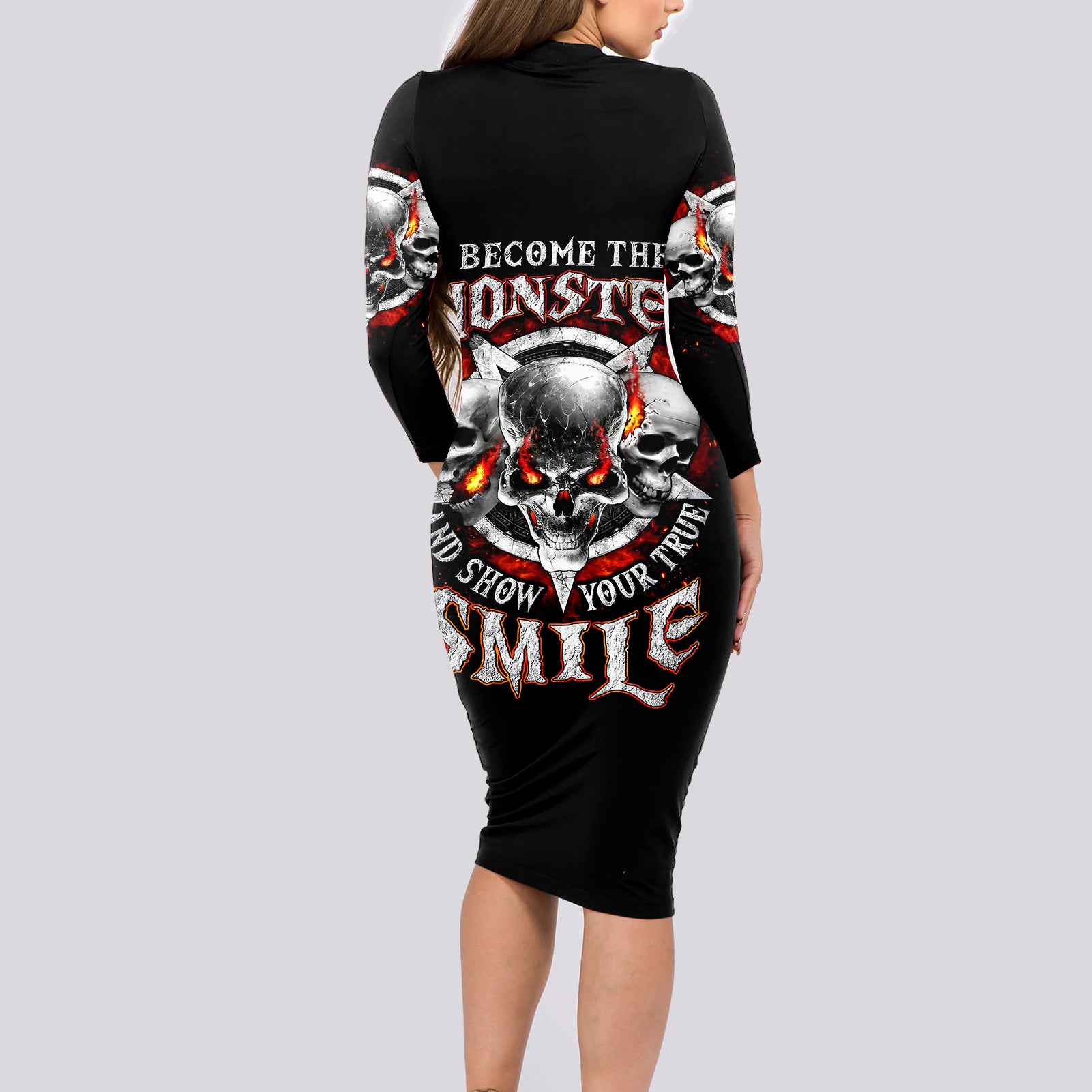 Satan Skull Long Sleeve Bodycon Dress Become The Monster And Show Your True Smile - Wonder Print Shop