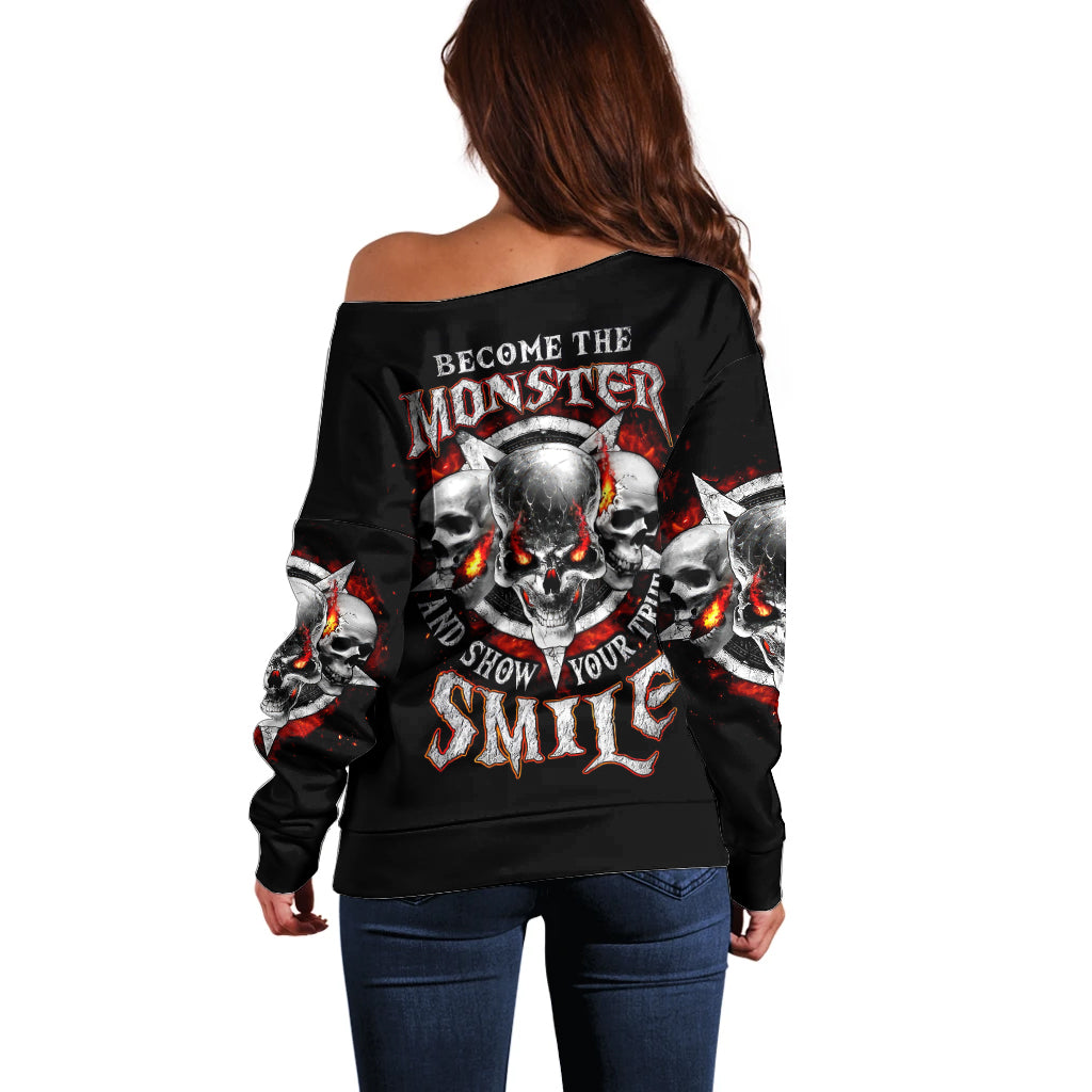 Satan Skull Off Shoulder Sweater Become The Monster And Show Your True Smile - Wonder Print Shop