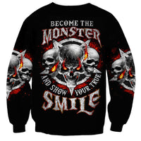 Black crewneck sweatshirt with monster skull graphic and red flame text on front
