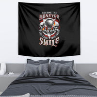 Black skull monster graphic tapestry with colorful text design.