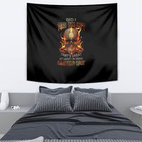Black tapestry with fiery skull and orange text design, wall-hanging