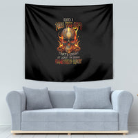Black tapestry featuring fiery skull graphic with orange text, wall-hanging