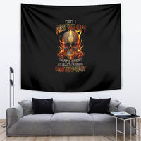 Black tapestry with fiery skull and orange slogan text, hanging on wall