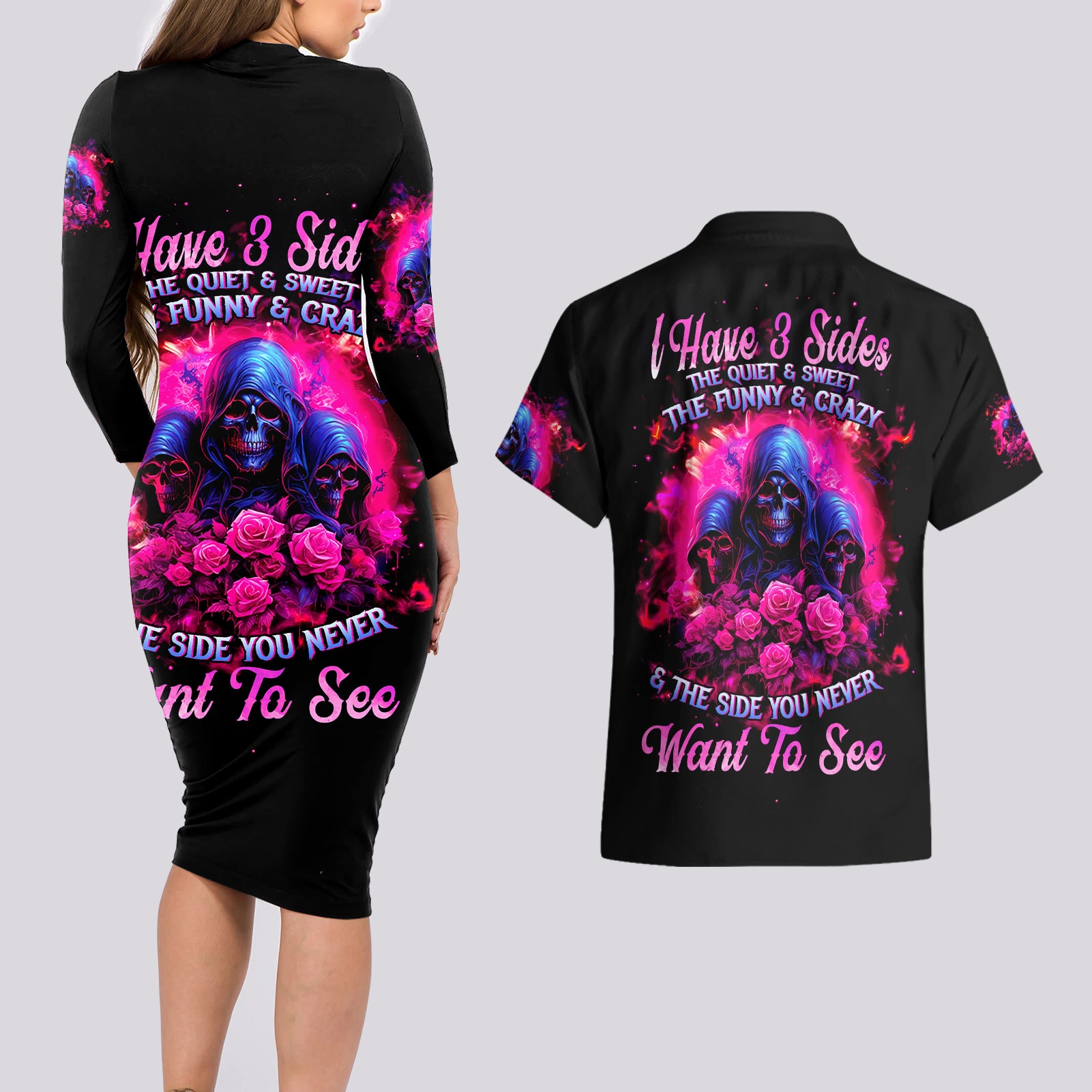 Rose Skull Couples Matching Long Sleeve Bodycon Dress and Hawaiian Shirt I Have 3 Sides And You Never Want To See - Wonder Print Shop