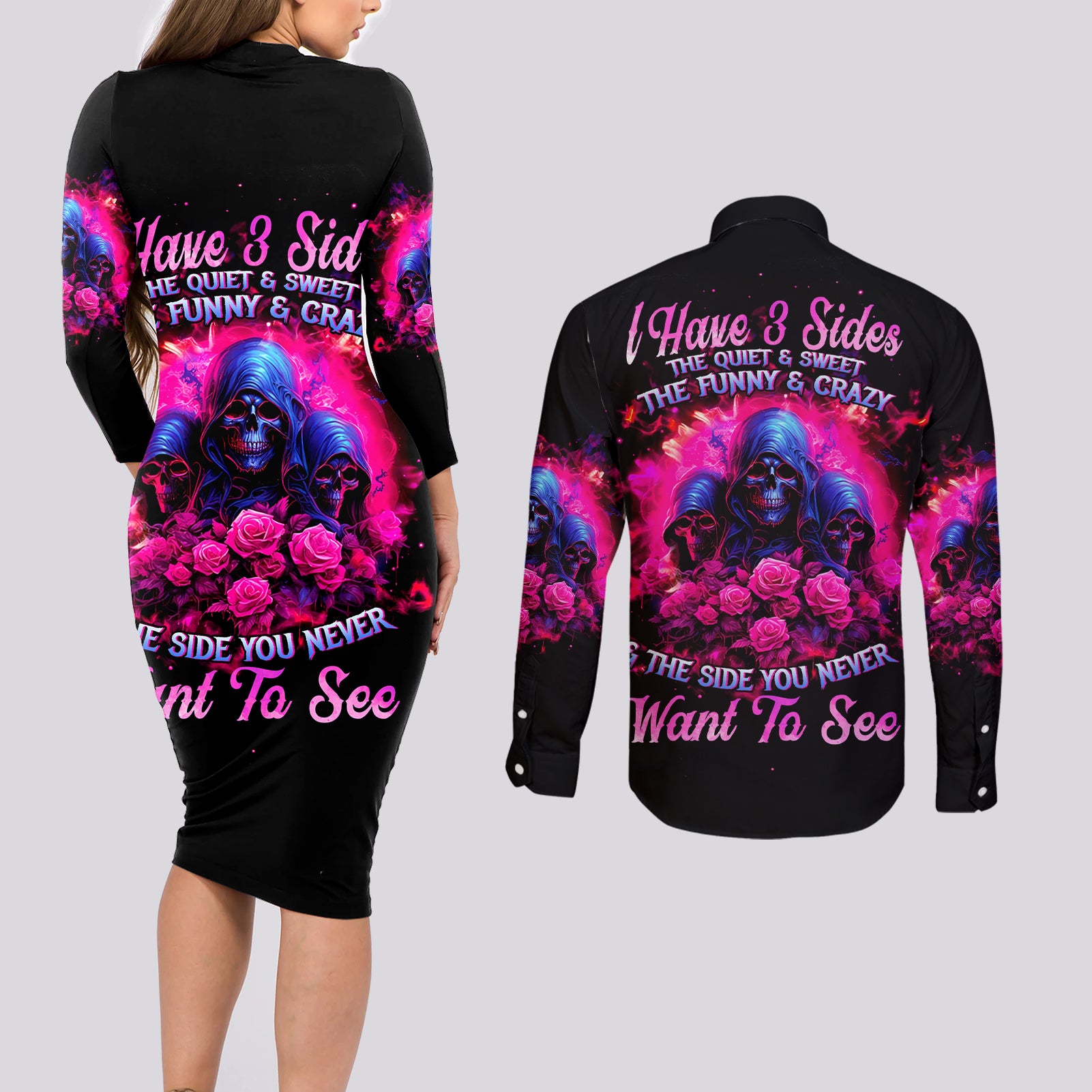 Rose Skull Couples Matching Long Sleeve Bodycon Dress and Long Sleeve Button Shirt I Have 3 Sides And You Never Want To See - Wonder Print Shop