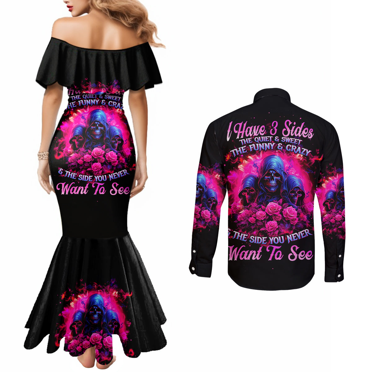 Rose Skull Couples Matching Mermaid Dress and Long Sleeve Button Shirt I Have 3 Sides And You Never Want To See