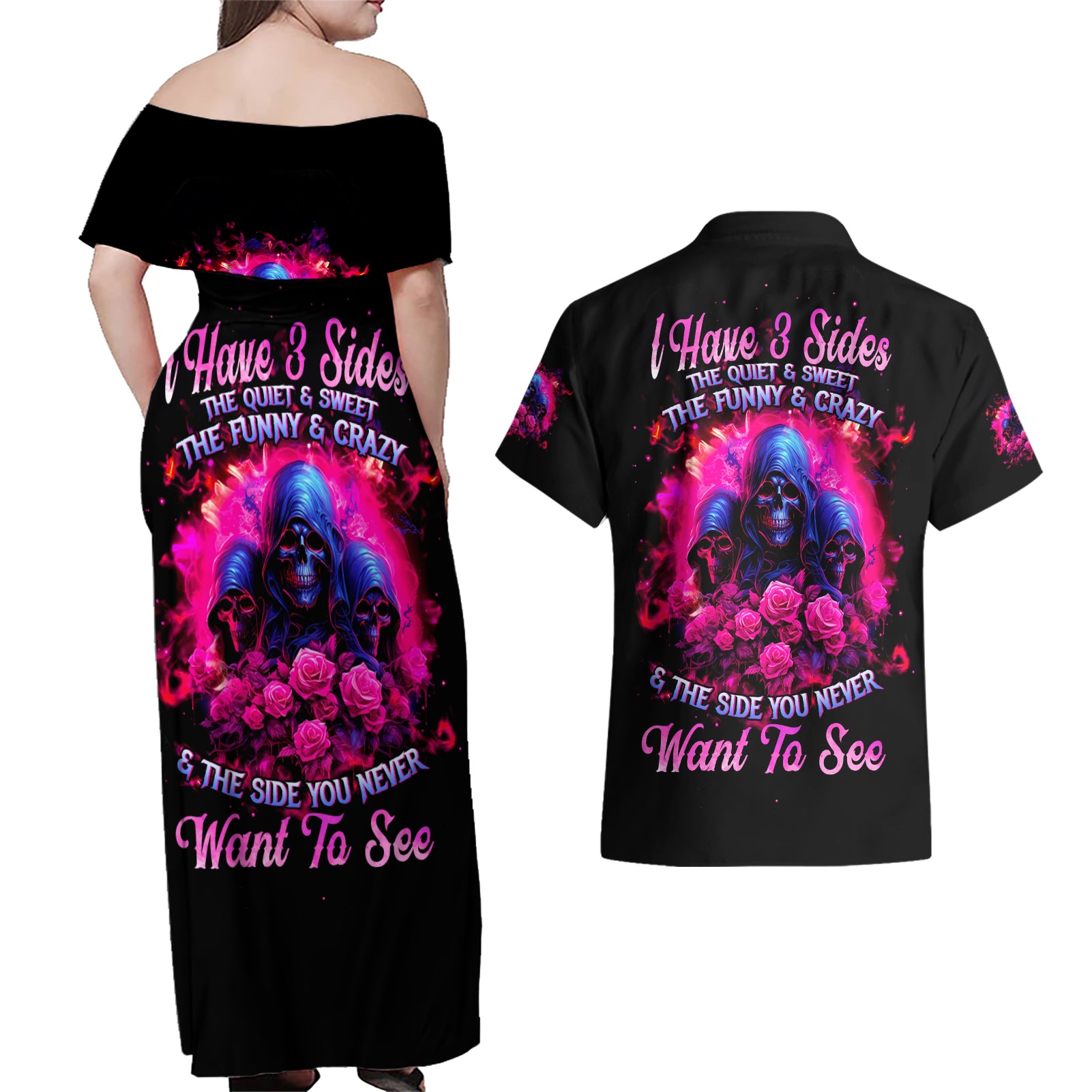 Rose Skull Couples Matching Off Shoulder Maxi Dress and Hawaiian Shirt I Have 3 Sides And You Never Want To See - Wonder Print Shop