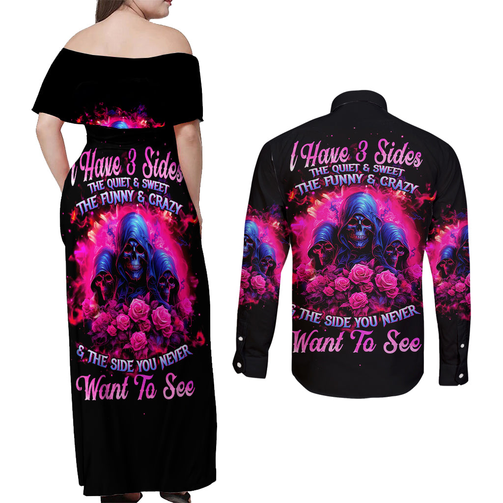 Rose Skull Couples Matching Off Shoulder Maxi Dress and Long Sleeve Button Shirt I Have 3 Sides And You Never Want To See - Wonder Print Shop