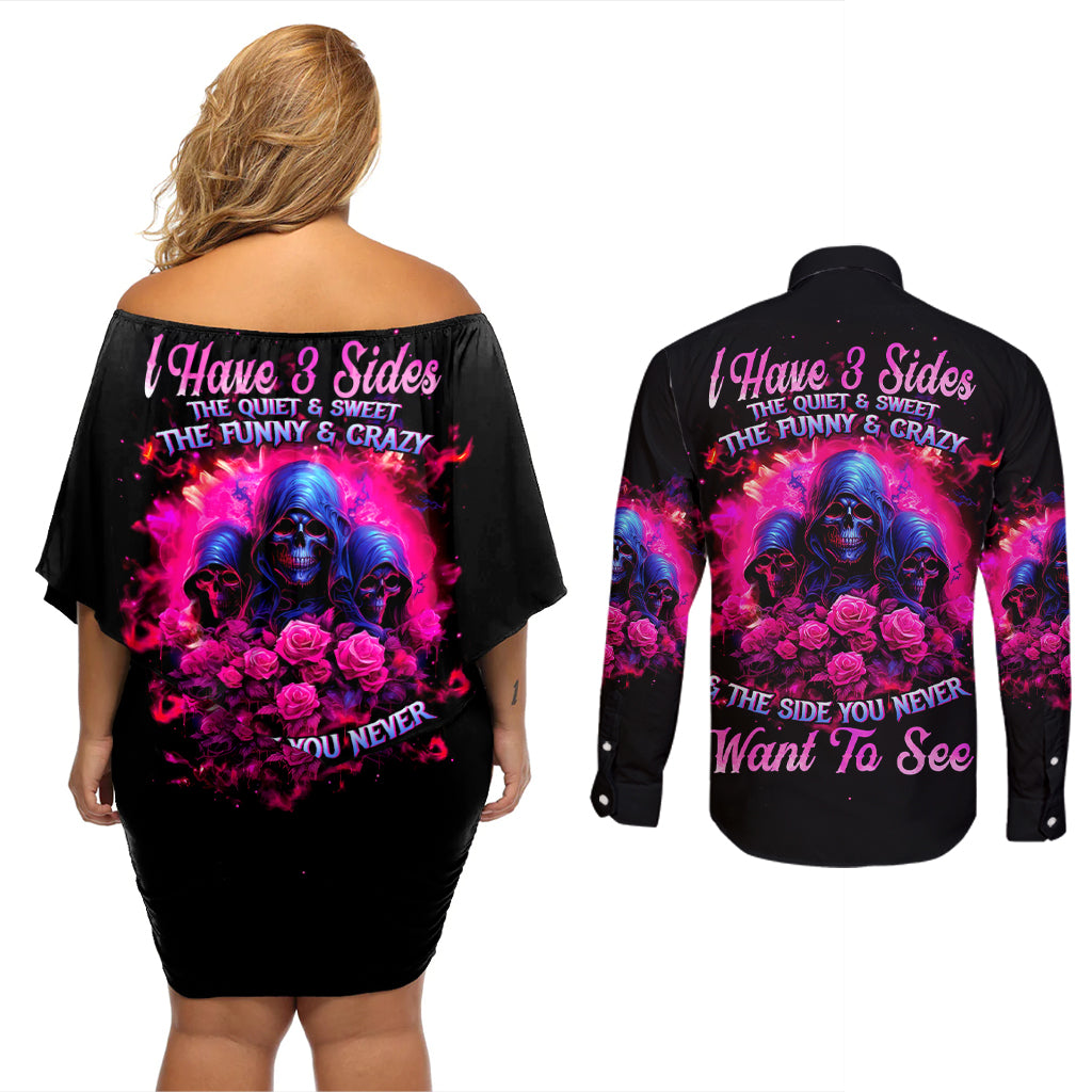 Rose Skull Couples Matching Off Shoulder Short Dress and Long Sleeve Button Shirt I Have 3 Sides And You Never Want To See - Wonder Print Shop