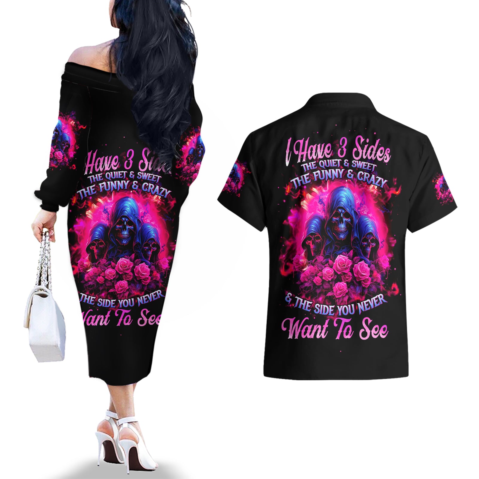 Rose Skull Couples Matching Off The Shoulder Long Sleeve Dress and Hawaiian Shirt I Have 3 Sides And You Never Want To See - Wonder Print Shop