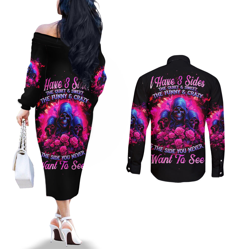 Rose Skull Couples Matching Off The Shoulder Long Sleeve Dress and Long Sleeve Button Shirt I Have 3 Sides And You Never Want To See