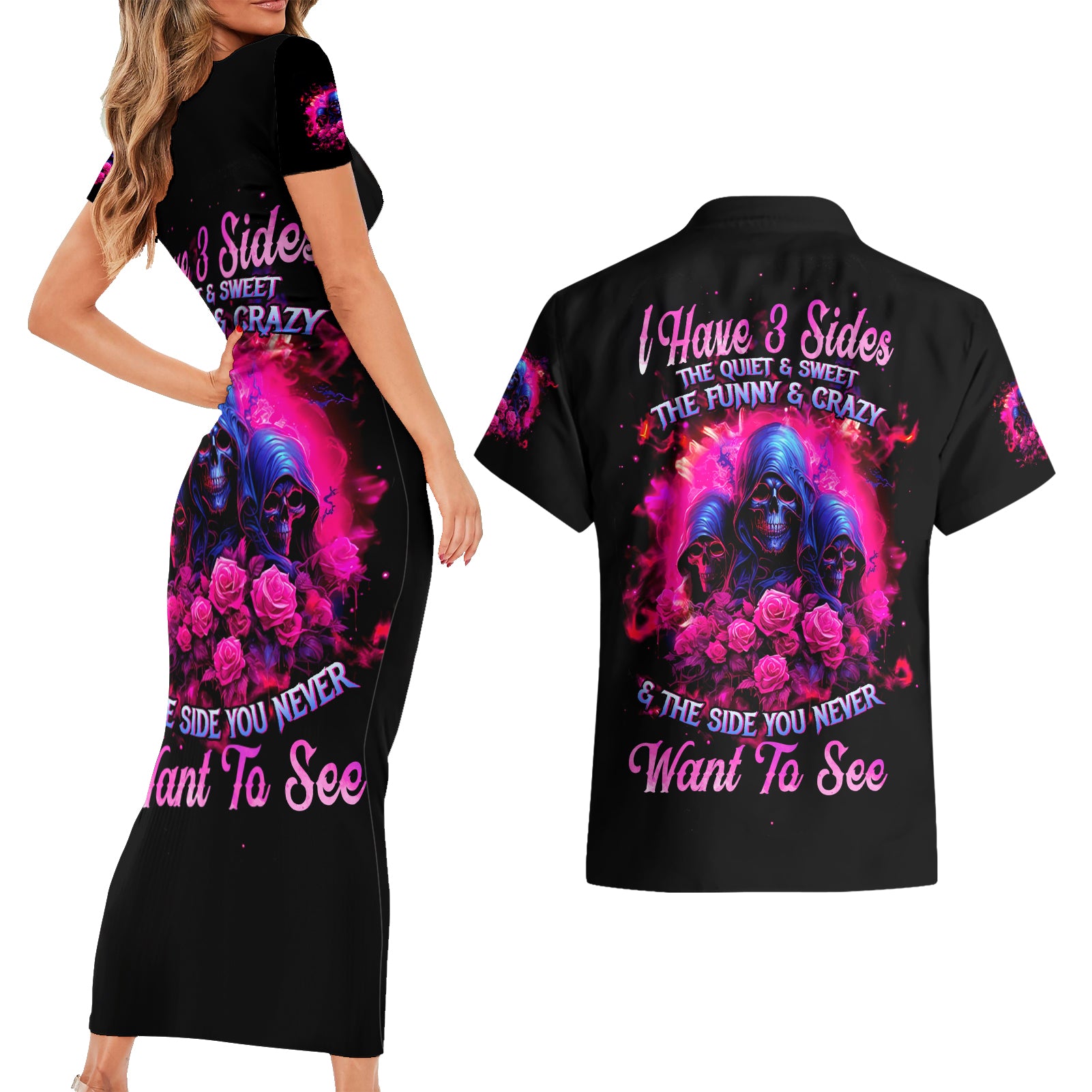 Rose Skull Couples Matching Short Sleeve Bodycon Dress and Hawaiian Shirt I Have 3 Sides And You Never Want To See - Wonder Print Shop