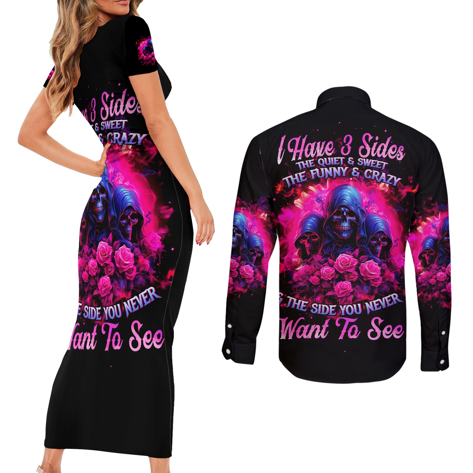 Rose Skull Couples Matching Short Sleeve Bodycon Dress and Long Sleeve Button Shirt I Have 3 Sides And You Never Want To See - Wonder Print Shop