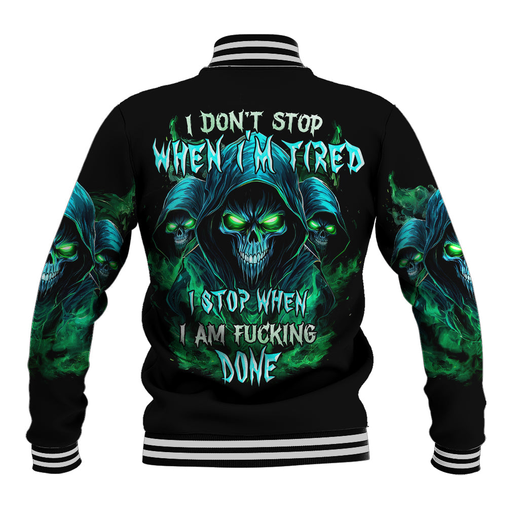 Black varsity baseball jacket with green-blue flame skull back graphic and striped trims